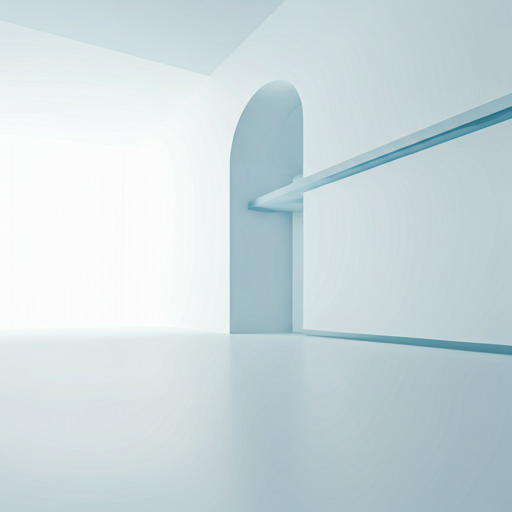 Abstract architectural lines forming a bridge structure in a minimalist white space with soft blue shadows